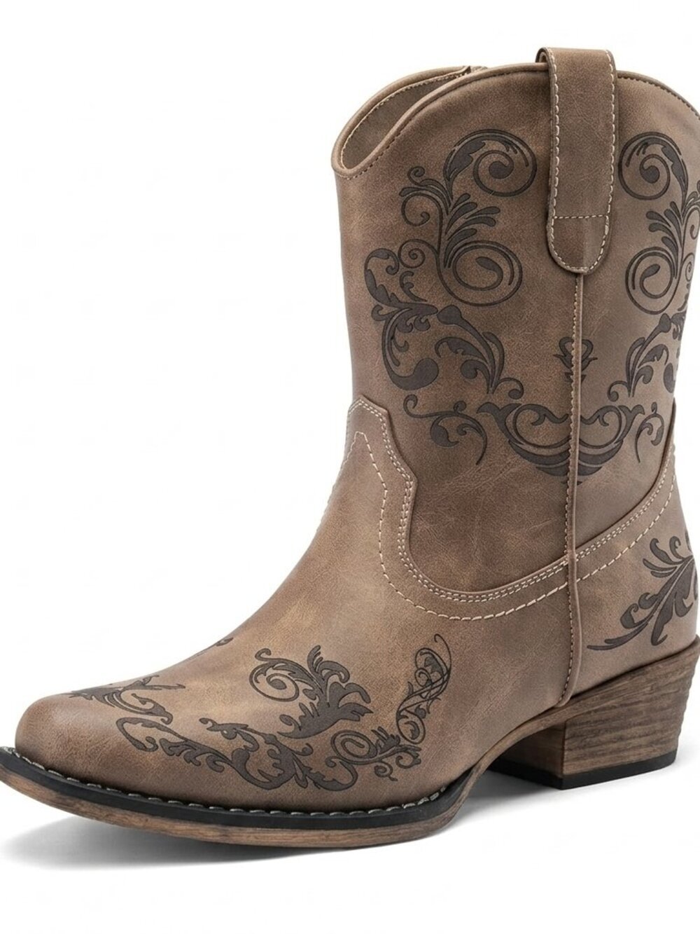 Women's Brown faux leather Cowgirl Boots Low Chunky Heels Toe Fall Short Shoes